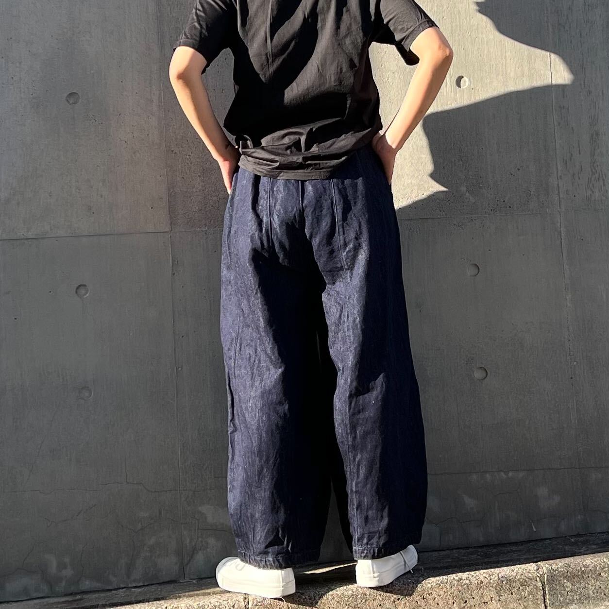 縦切替コットンリネンデニムワイドパンツ 72965 DEEPBLUE