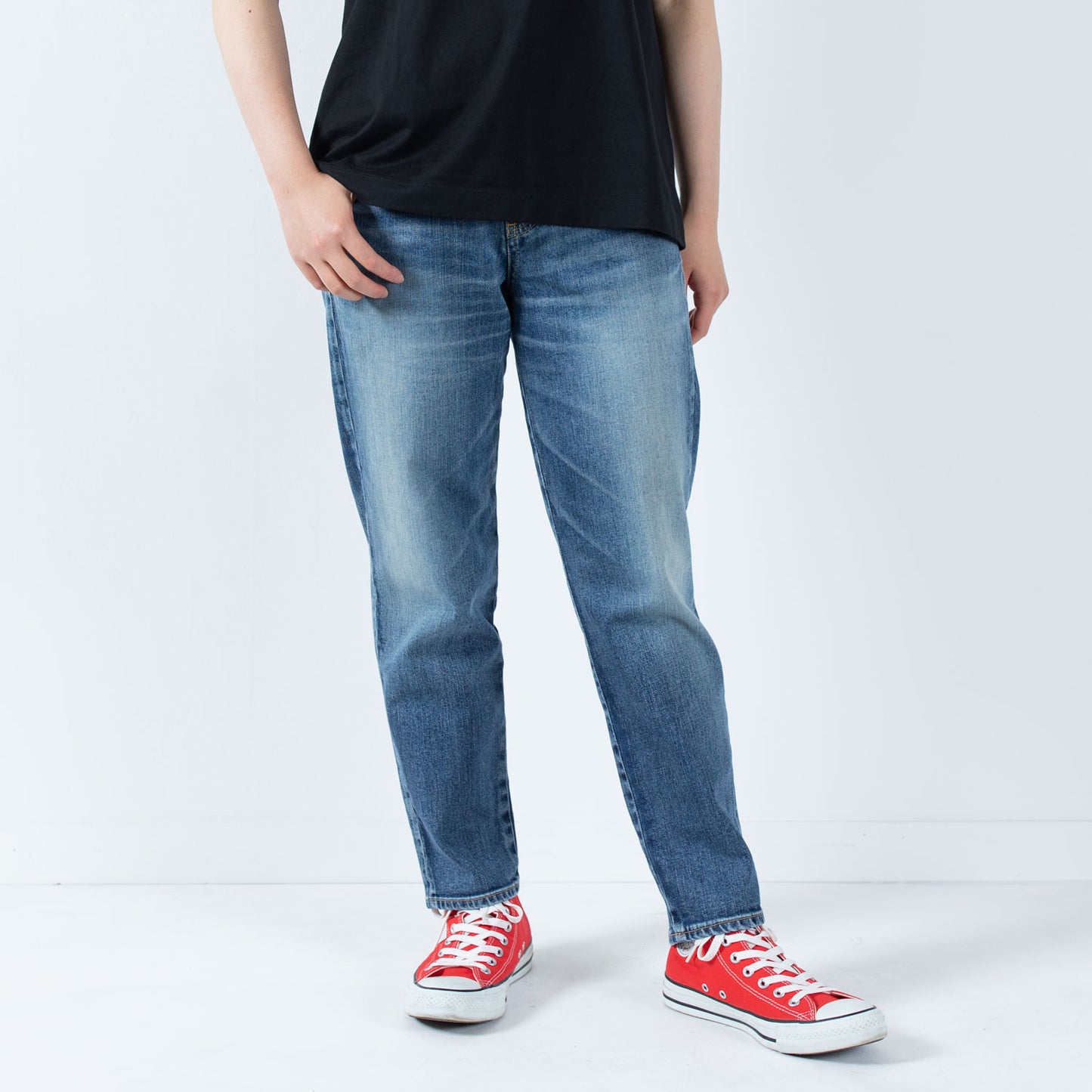 Stretch denim full-length tapered pants 73966FL DEEPBLUE