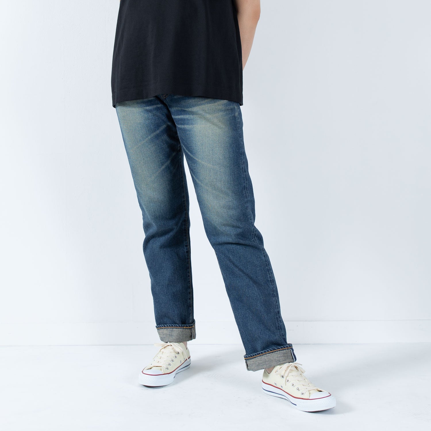 甘織デニムボーイフレンドフルレングスパンツ 72419 DEEPBLUE